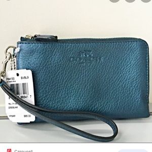Coach Pebble Leather Wristlet In Dark Blue